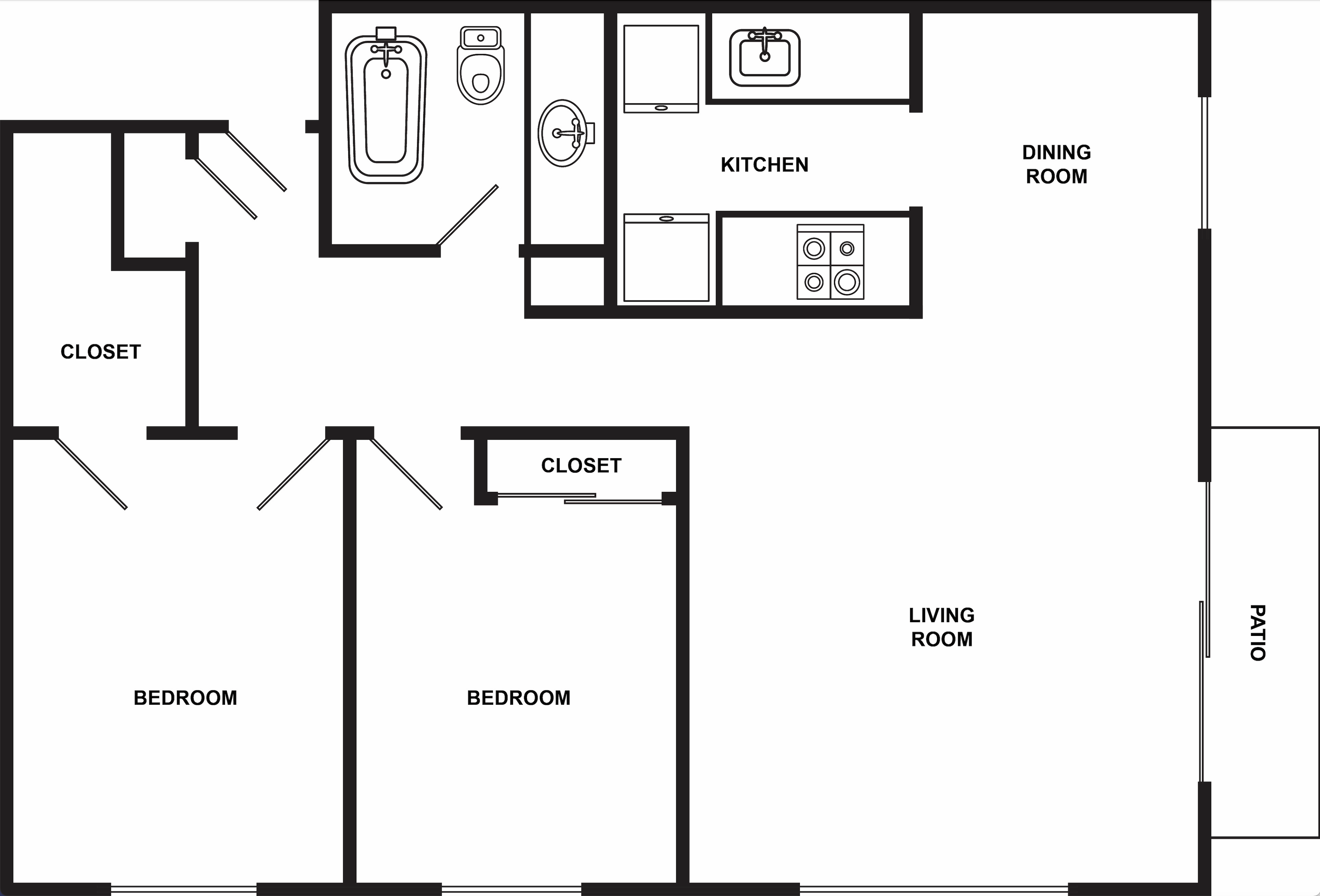Floor plan for 2 beds, 1 bath, 802 sqft